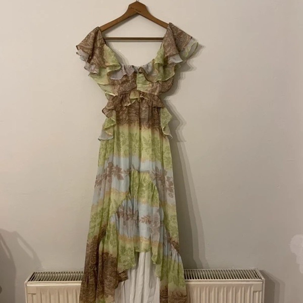Floral Ruffle High-Low Maxi Dress in Green and Brown